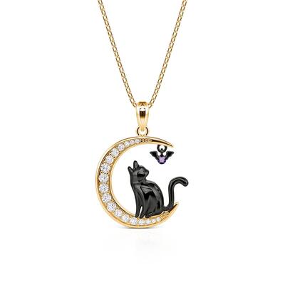 Jeulia Luna Astra Moon Black Cat and Bat Necklace