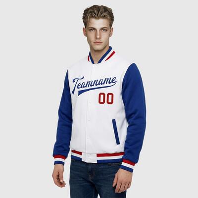 Custom Classic Royal-White Full-Snap Two Tone Letterman Jacket – Ideal for Daily Casual Outings and Team Gatherings