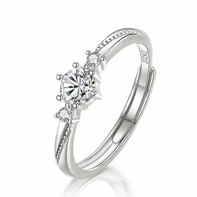 Jeulia Anillo Pareja Mujer Ajustable de Plata Esterlina con Tres Piedras de Corte Redondo