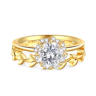 Jeulia Sapling Halo Round Cut Sterling Silver Ring Set