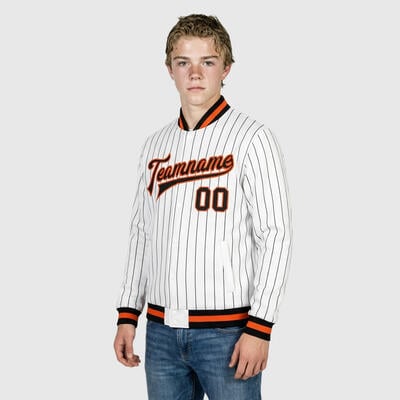 Custom White Pinstripe Full-Snap Varsity Letterman Jacket Ideal for Brunch Dates with Friends and Weekend Errands
