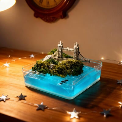 Marine Glow Coastal Fort Resin Light, Handcrafted Wave-Sculpted Tower Ornament