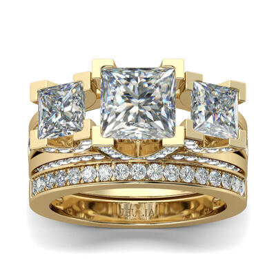 Jeulia Three Stone Princess Cut Sterling Silver Ring Set