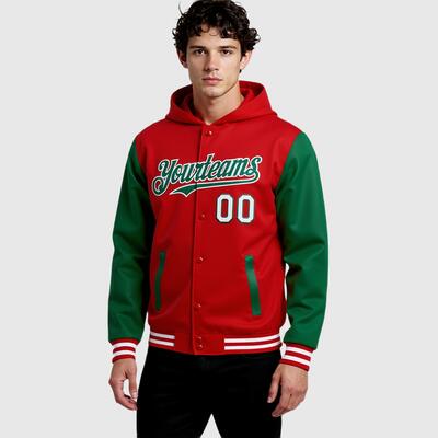 Custom Red Green Full-Snap Varsity Letterman Two Tone Hoodie Jacket for Campus Life