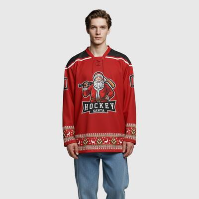 Custom Black Red-White Christmas Santa Claus 3D Hockey Lace Neck Jersey