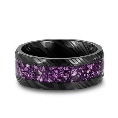 Jeulia Men's Purple Stone Black Hammered Stainless Steel Ring