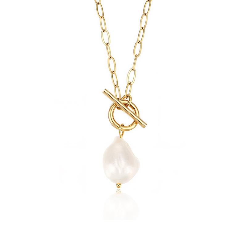 Jeulia Everyday Paperclip Chain Baroque Pearl Toggle Necklace