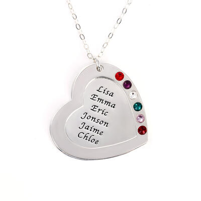 Jeulia Heart Shape Family Necklace with Birthstones Sterling Silver
