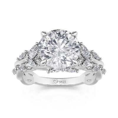 Jeulia Anillo de Compromiso de Plata Esterlina de Corte Redondo con Rama y Hojas