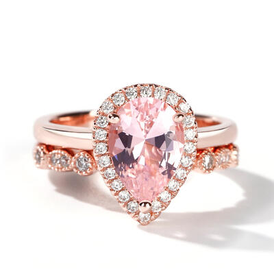 Jeulia Halo Milgrain Pear Cut Synthetic Morganite Sterling Silver Ring Set