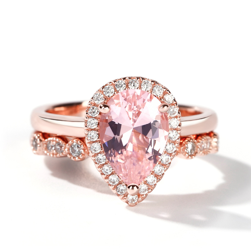 Jeulia Halo Milgrain Pear Cut Synthetic Morganite Sterling Silver Ring Set