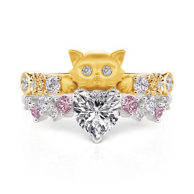 Jeulia Hug Me Sakura Cat Heart Ring Set 2pcs