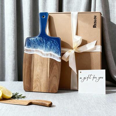 Reslol Ergonomic Wave-Themed Epoxy Wood Cutting Board with Handle