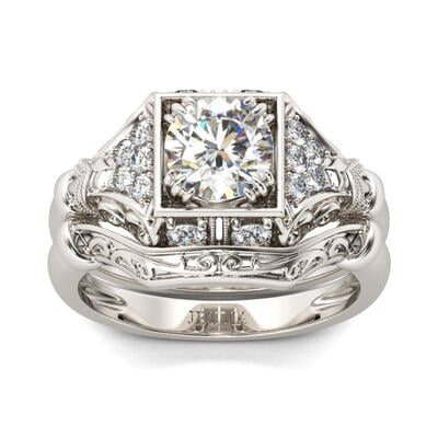 Jeulia Vintage Milgrain Round Cut Sterling Silver Ring Set