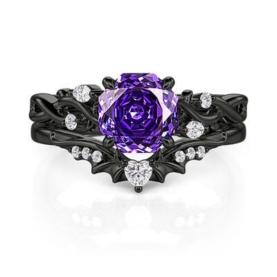 Jeulia Black Thorn Purple Rose Cut Ring Set Sterling Silver