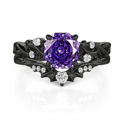 Jeulia Black Thorn Purple Rose Cut Ring Set Sterling Silver
