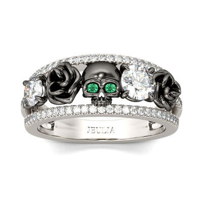Jeulia Floral Design Round Cut Sterling Silver Skull Ring