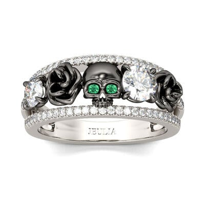 Jeulia Floral Design Round Cut Sterling Silver Skull Ring