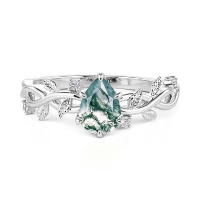 Jeulia Pear Cut Moss Agate Engagement Ring with Vine Leaf