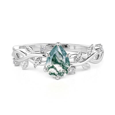 Jeulia Pear Cut Moss Agate Engagement Ring with Vine Leaf