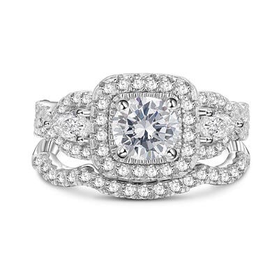 Jeulia Conjunto de Anillos de Compromiso de Tres Piedras Halo con Montura Pavé en Plata Esterlina