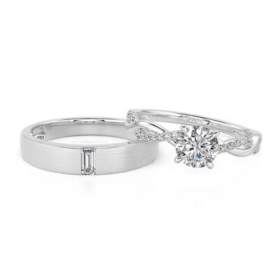 Jeulia Classic Solitaire Couple Rings twist Brushed Design