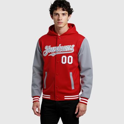Custom Red Gray Full-Snap Varsity Letterman Two Tone Hoodie Jacket for Campus Life