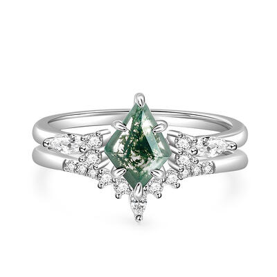 Jeulia Alianza de Compromiso de Vintage Moss Ágata de Plata de Ley