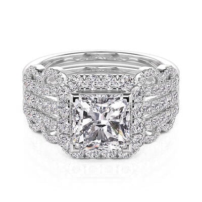 Jeulia Juego de Anillos de Compromiso Cuadrados Corte Asscher con Halo Floral