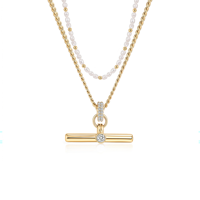 Jeulia Andy Style Pearl Bead and T-Bar Pendant Layering Necklace Set