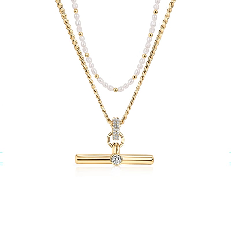 Jeulia Andy Style Pearl Bead and T-Bar Pendant Layering Necklace Set