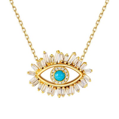 Jeulia "Evil Eye" Round Cut Turquoise Sterling Silver Necklace