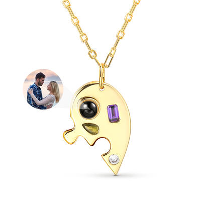 Jeulia Half Heart Puzzle Design Personalized Photo Projection Sterling Silver Necklace