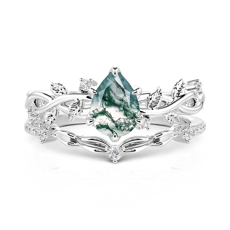 Jeulia Twist Leaf Vine Pear Moss Agate Engagement Ring Set