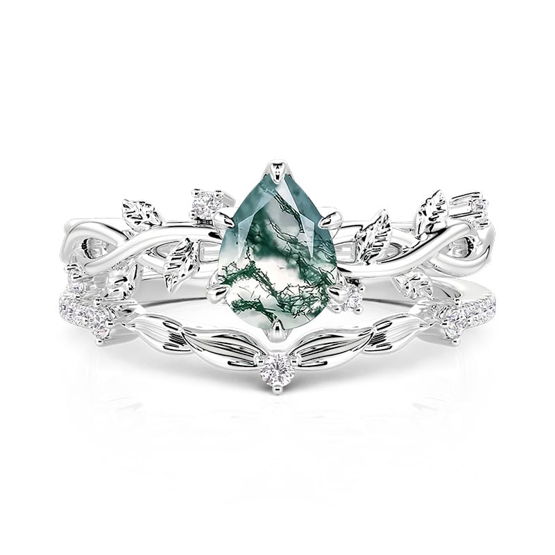 Jeulia Twist Leaf Vine Pear Moss Agate Engagement Ring Set