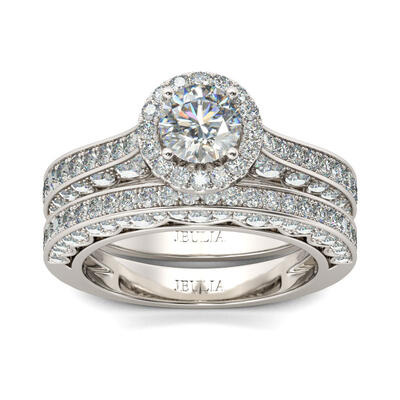 Jeulia Halo Round Cut Sterling Silver Ring Set