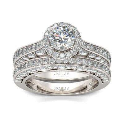 Jeulia Halo Round Cut Sterling Silver Ring Set
