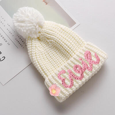 ネーム 刺繍 子供 ニット帽 ポンポン 花模様 ビーニー オリジナル