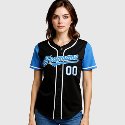 Custom Black Sky Blue Two Tone Baseball Jersey with Personalized Number and Logo for Games Practices and Fan Events