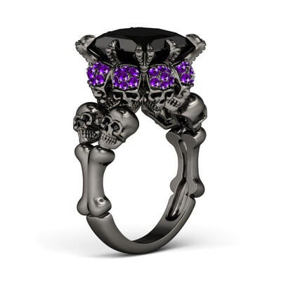 Jeulia Black Princess Cut Sterling Silver Four Skull Ring