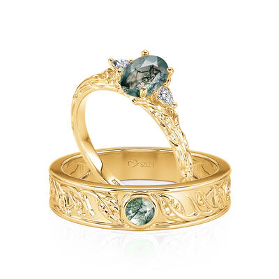 Jeulia Nature Inspired Moss Agate Gold Couple Rings Set
