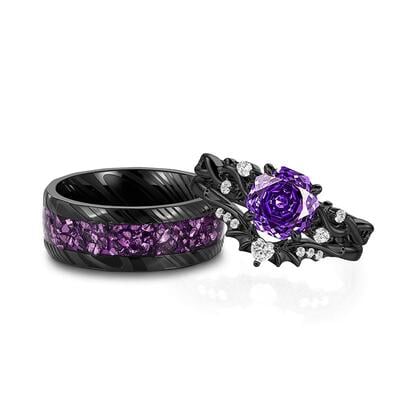 Jeulia Gothic Black Purple Stone Couple's Ring Set