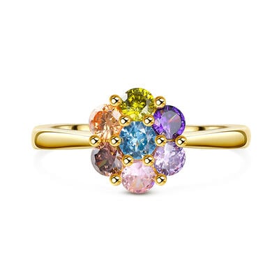 Jeulia Multi-Colored Stones Round Cut Flower Rainbow Sterling Silver Ring