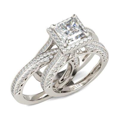 Jeulia Halo Princess Cut Sterling Silver Ring Set