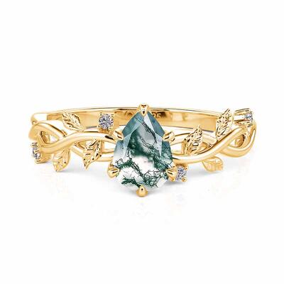 Jeulia Gold Pear Cut Moss Agate Engagement Ring with Vine Leaf