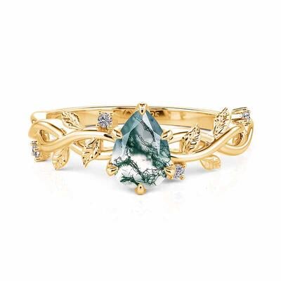 Jeulia Gold Pear Cut Moss Agate Engagement Ring with Vine Leaf