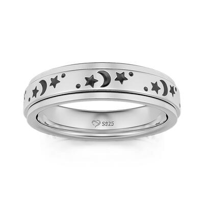 Jeulia Stars and Moon Rotatable Sterling Silver Women's Band