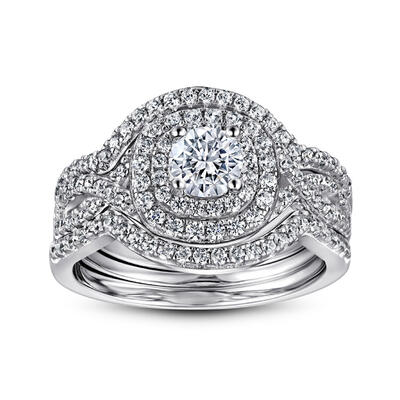 Jeulia 3PC Twist Halo Round Cut Sterling Silver Ring Set