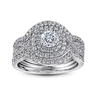 Jeulia 3PC Twist Halo Round Cut Sterling Silver Ring Set