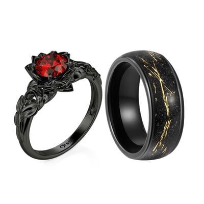 Jeulia Black Lotus Couple Rings Set in Sterling Silver